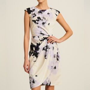 Lela Rose Watercolor Floral Draped Sheath Dress - Cream & Purple - Size 12